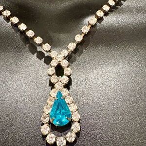 Turquoise and Rhinestone Necklace w Drop 
18” w Clasp Closer - Clear Rhinestone